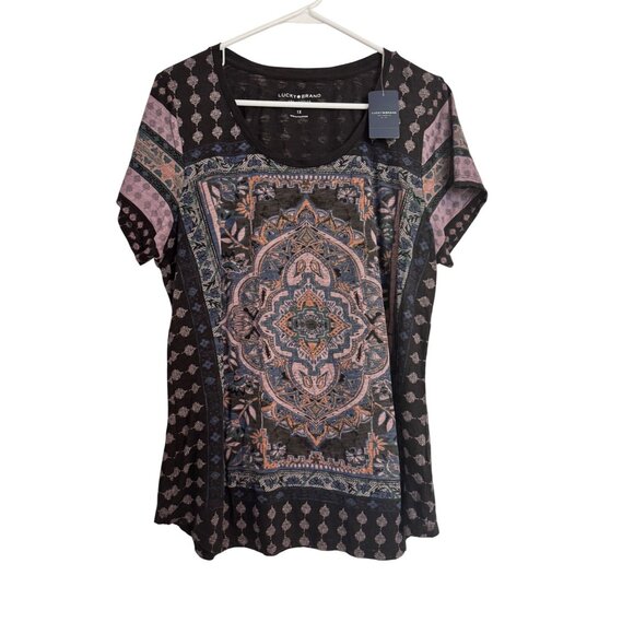 Lucky Brand Tee Size 1X NWT $40 BOHO Print Black Scoop Neck Shirt - Picture 1 of 8